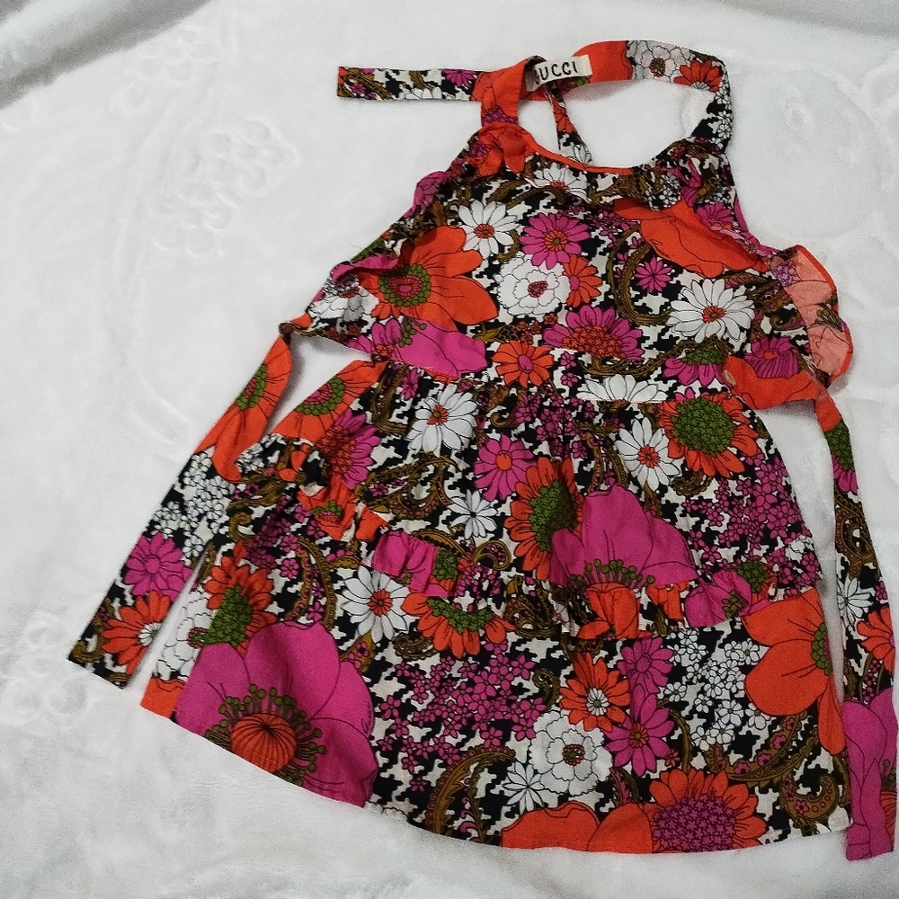 Floral Halter Dress with Pink and Orange Accents
